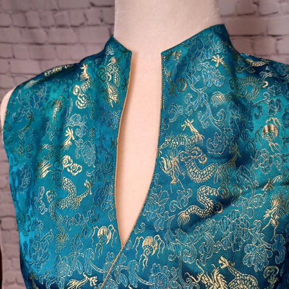 Dragon Brocade Turquoise & Gold Vietnamese Blouse Medium - Picture 9 of 10